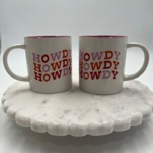 Howdy Stoneware Mug Set of 2 White Pink Western Retro 160z.  NEW